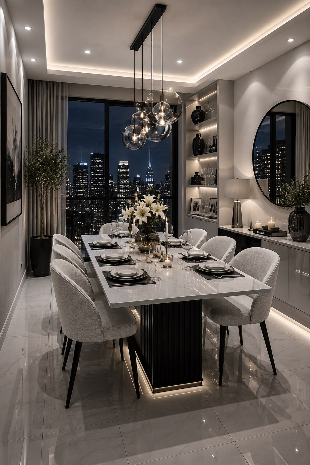Luxury Dining Suite with Statuario Marble Table & Fluted Cabinet #6